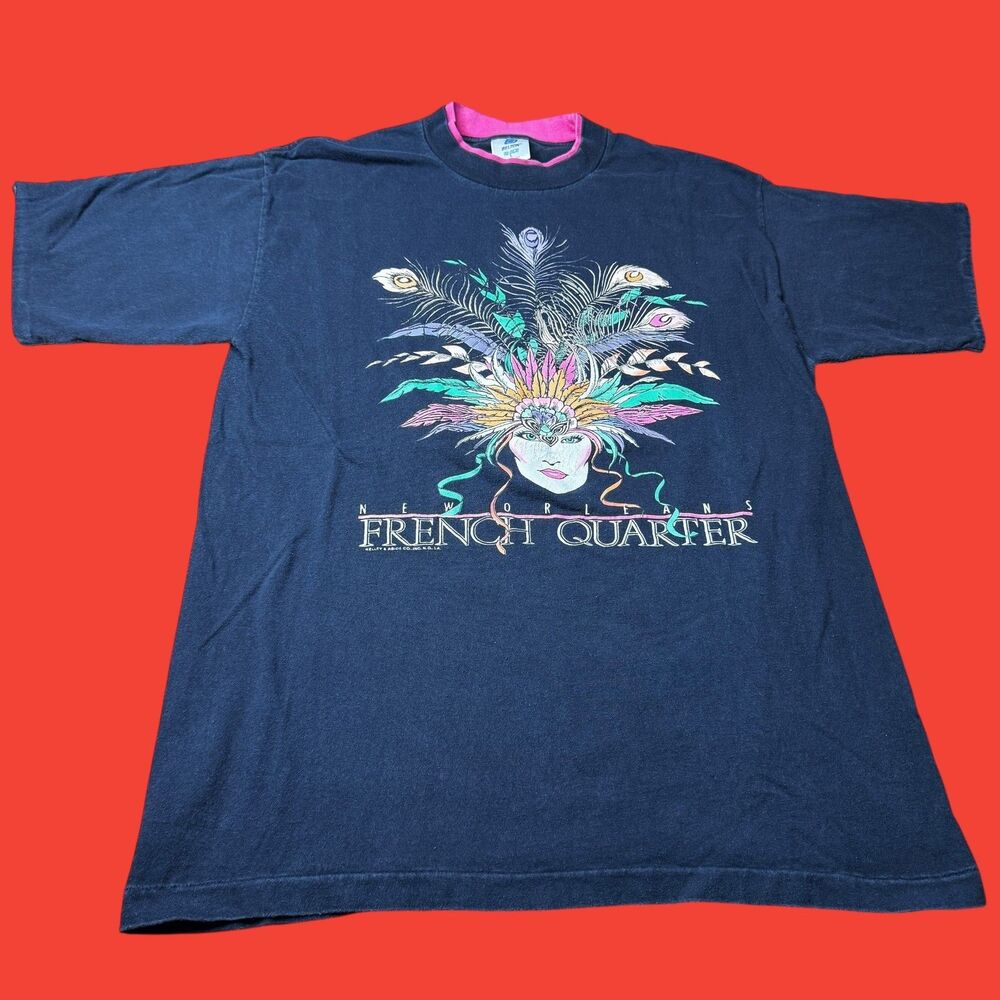 Vintage New Orleans French Quarter Mardi Gras Mask Layered Sleeve L T Shirt USA